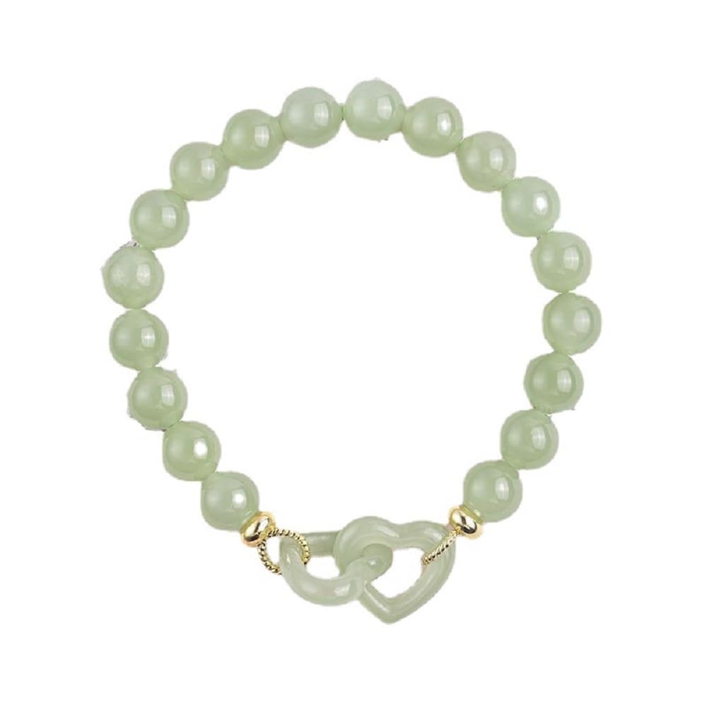Kysin Chiys Jade Bead Stone Bracelet Interlocking Adjustable Strech Bracelet Faux Green Jade Charm Love Jewelry for Women Men - Heart
