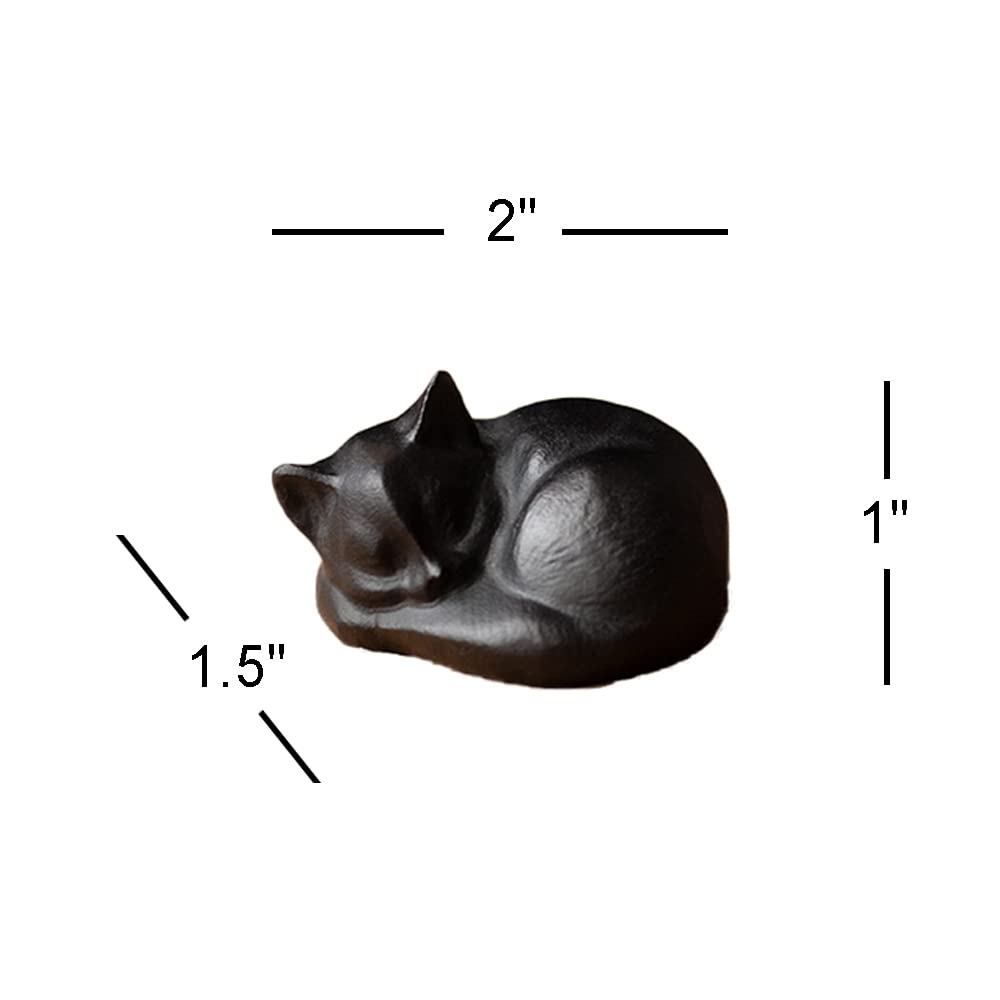 OwMell Tiny Sleeping Cat Statue Hand-Carved Healing Stone Gemstone Little Kitten Statue Figurine 2" - Black Obsidian