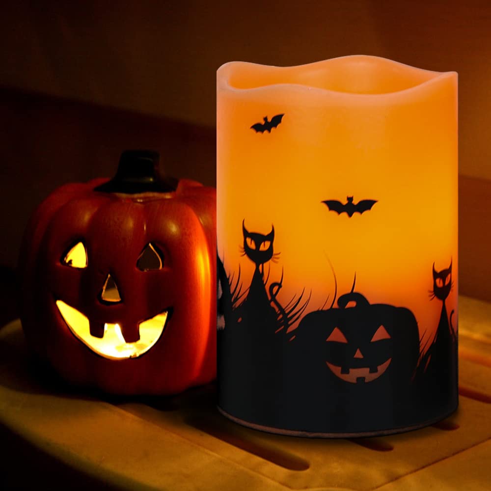 Wondise Halloween Flickering Flameless Candles with 6 Hour Timer, Battery Operated LED Real Wax Candles Set of 3 Halloween Home Decoration Gifts(3 x 4 5 6 Inch)