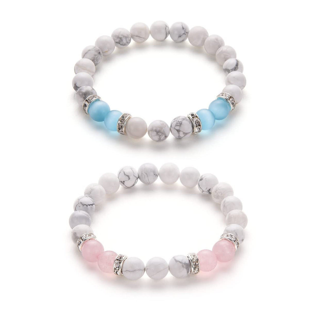 Pingyongchang 2pcs Natural Crystal Bracelet for Women Men Anxiety Beaded Stretch Bracelets Jewelry Healing Stone Crystal Bracelet Stress Relief Yoga Beads Chakra Bracelets-blue pink