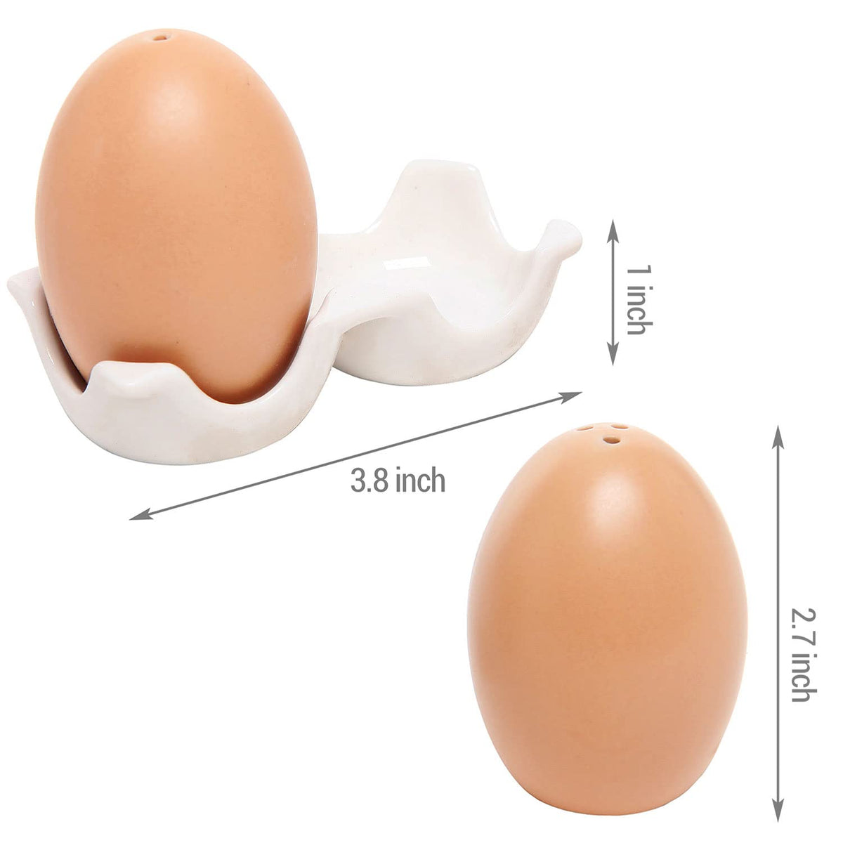 MyGift Ceramic Salt and Pepper Shaker Set, Mini Brown Egg Shaped Shakers with Carton Design Holding Stand, 3 Piece