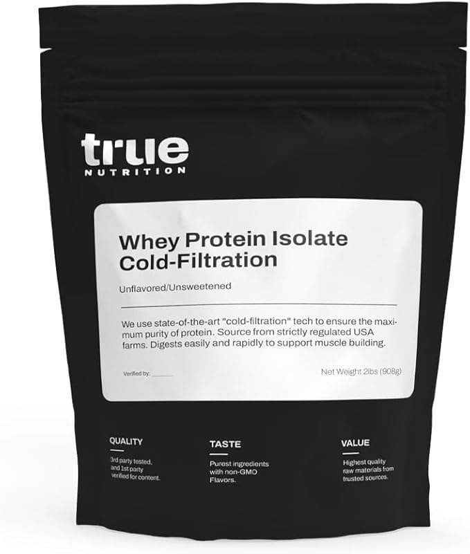 True Nutrition Whey Protein Isolate Cold-Filtration - 100% Whey Protein Powder - 27g Protein per Serving - Mixes Easily and Tastes Great - Third Party Tested - Unflavored - 2lb…