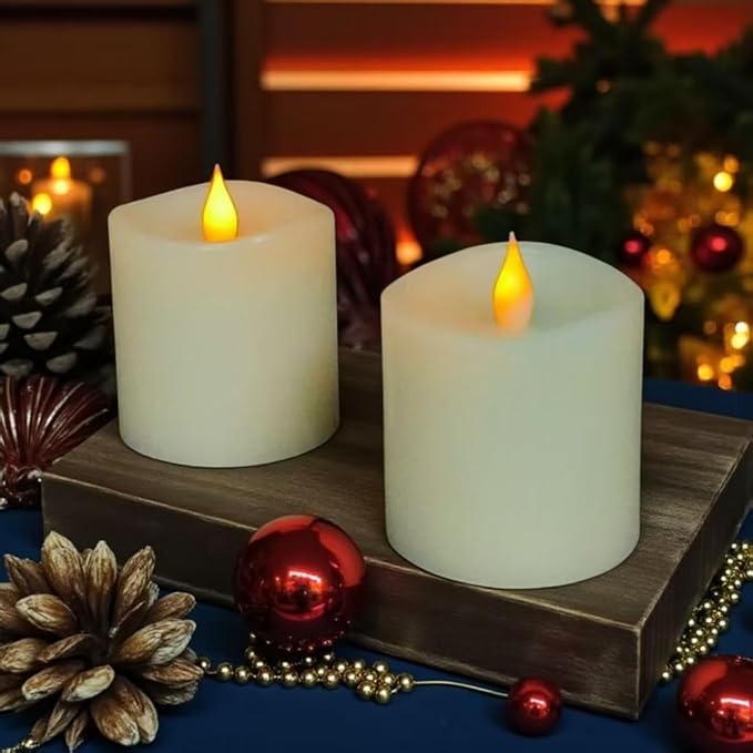 3x3 Flickering Flameless Candles Set of 2,3 inch Real Wax LED 600 Hours Battery Candles with Timer Remote,Control for Wedding Party Indoor,Ivory