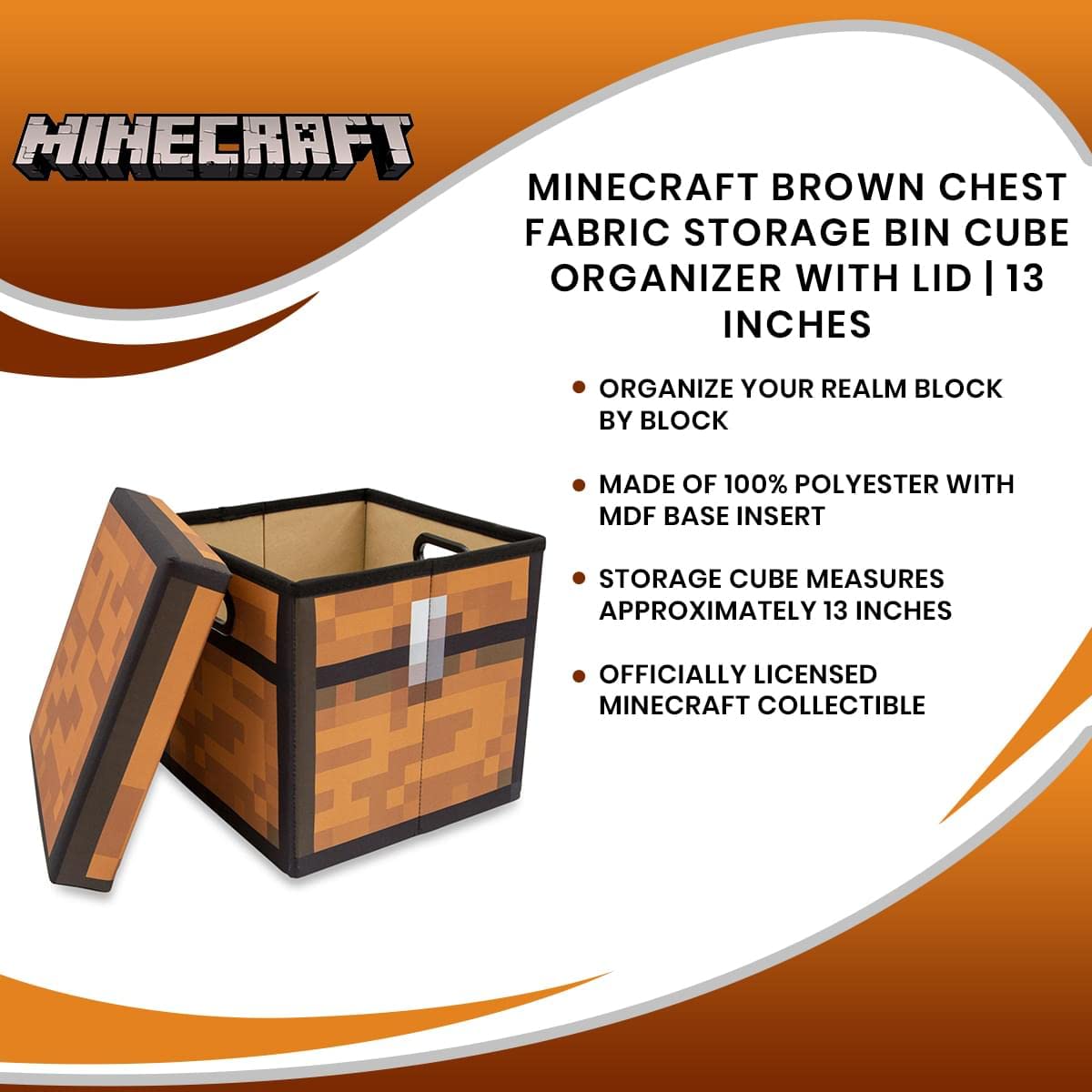 Minecraft Brown Chest 13-Inch Storage Bin Chest With Lid | Foldable Fabric Basket Container, Cube Organizer With Handles, Cubby For Shelves, Closet | Home Decor Essentials, Video Game Gifts