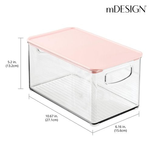 mDesign Deep Plastic Bathroom Storage Bin Box, Lid/Built-in Handles, Organization for Makeup, Hair Styling Tools, Toiletry Accessories in Cabinet, Shelves, Ligne Collection, 2 Pack, Clear/Pink