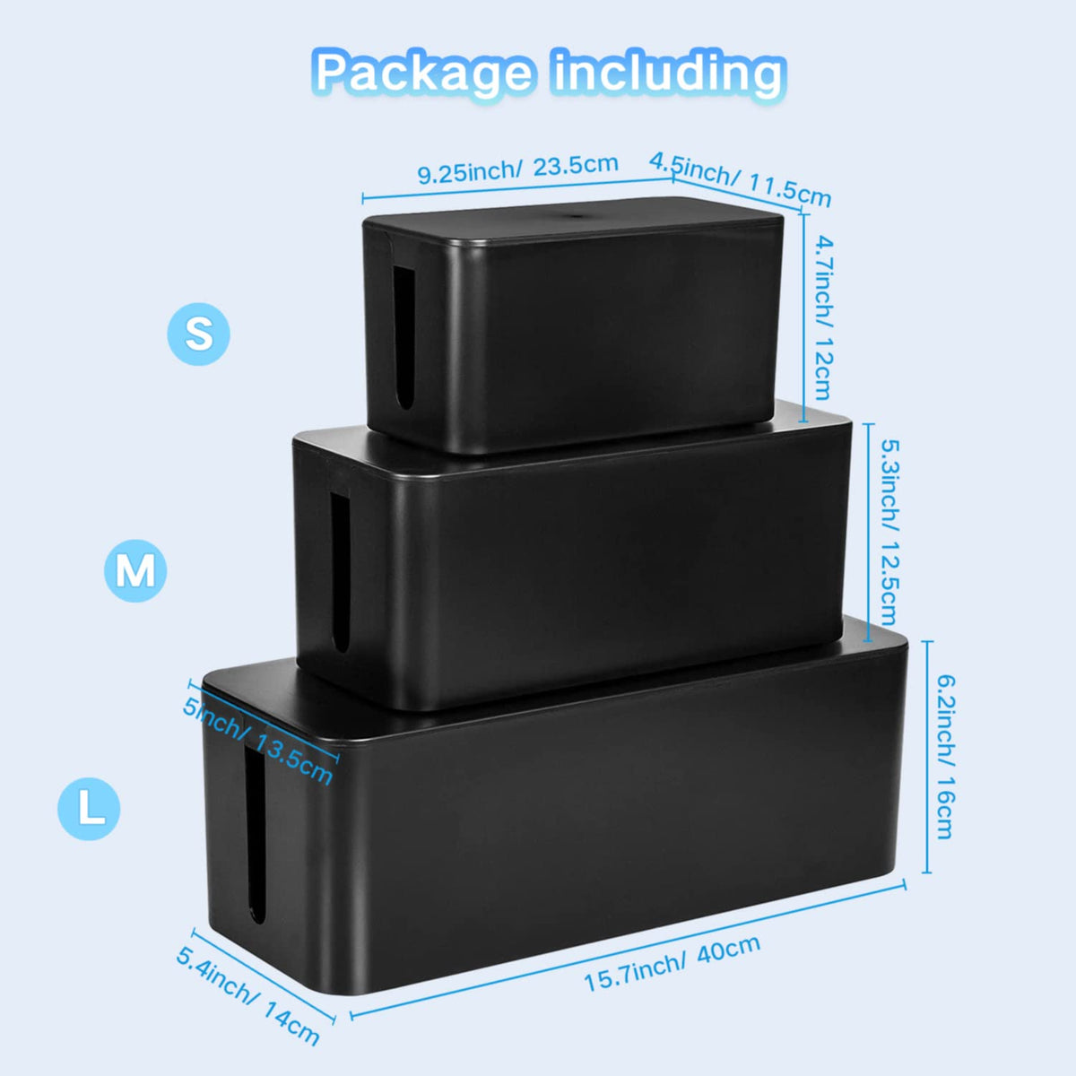 Cable Management Box, 3 Pack Cord Organizer Boxes with 33 PCS Cable Management Set to Cover Hide Power Strip, Surge Protector Under Desk & on Floor, Wire Concealer for Home Office Computer TV (Black)
