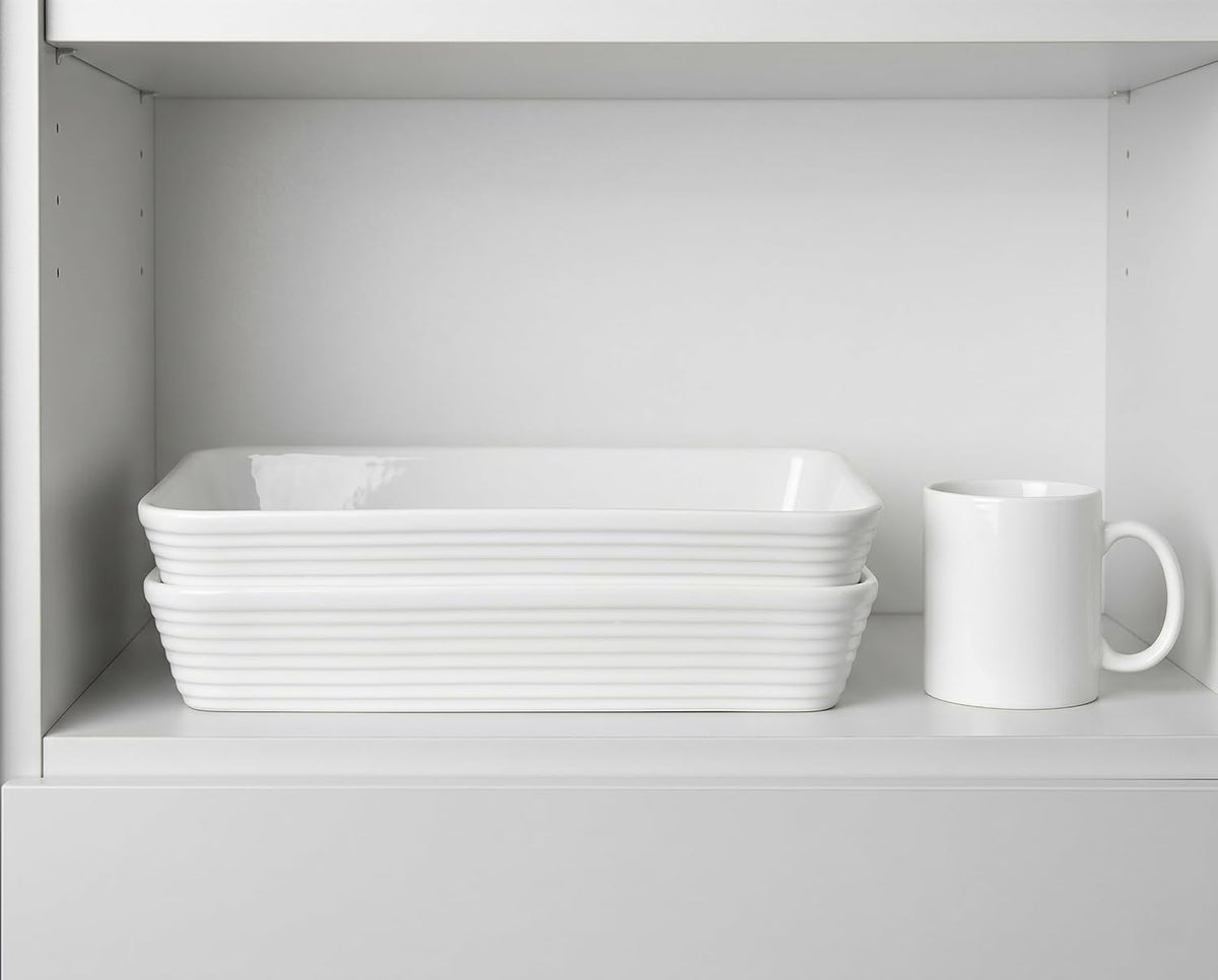 ONEMORE Ceramic Baking Dish - 9x13 Large Rectangular Casserole Pan for Lasagna & Family Meals - Ribbed White Bakeware