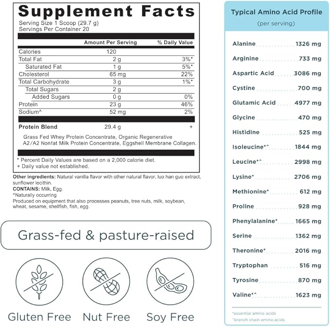 Ancient Nutrition Grass Fed Whey Protein, Vanilla Bean, 23g Protein, 20 Servings, Hydrolyzed Collagen Peptides, Organic Regenerative A2/A2 Milk Protein