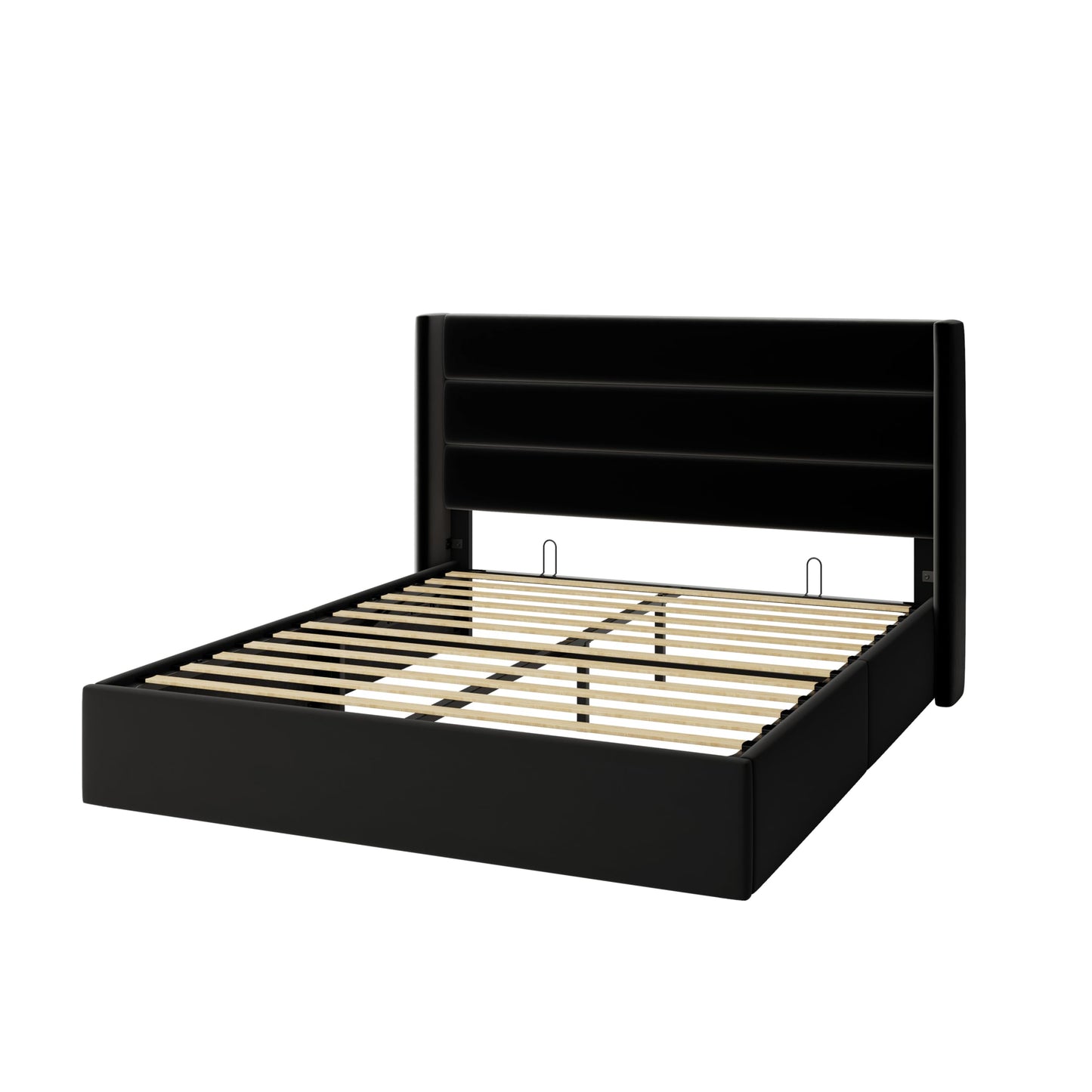 Allewie Queen Size Velvet Lift Up Storage Bed, Modern Wingback Headboard, Hydraulic Support, No Box Spring Needed, Black