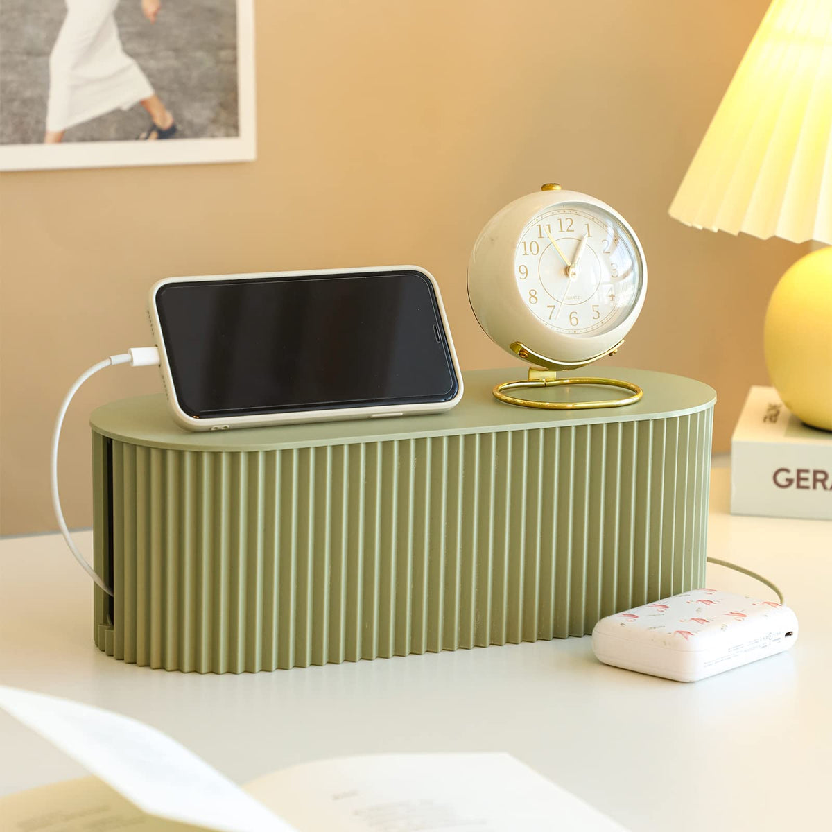 FABROK Cable Management Box, Cord Organizer Box with 10 Cable Ties, Power Strip Storage to Hide Charger Adapter Power Cord Charging Station(Small/Green)