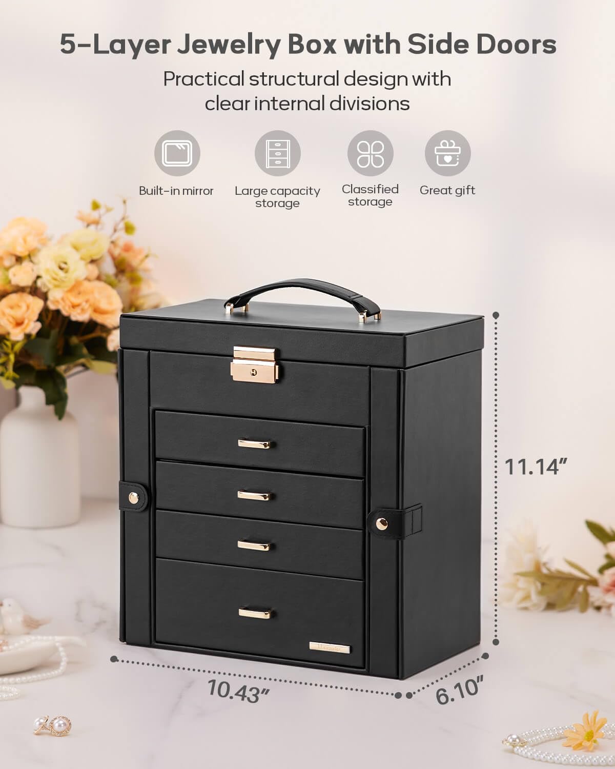 Homde Synthetic Leather Huge Jewelry Box Mirrored Watch Organizer Necklace Ring Earring Storage Lockable Gift Case (Black + Gold)