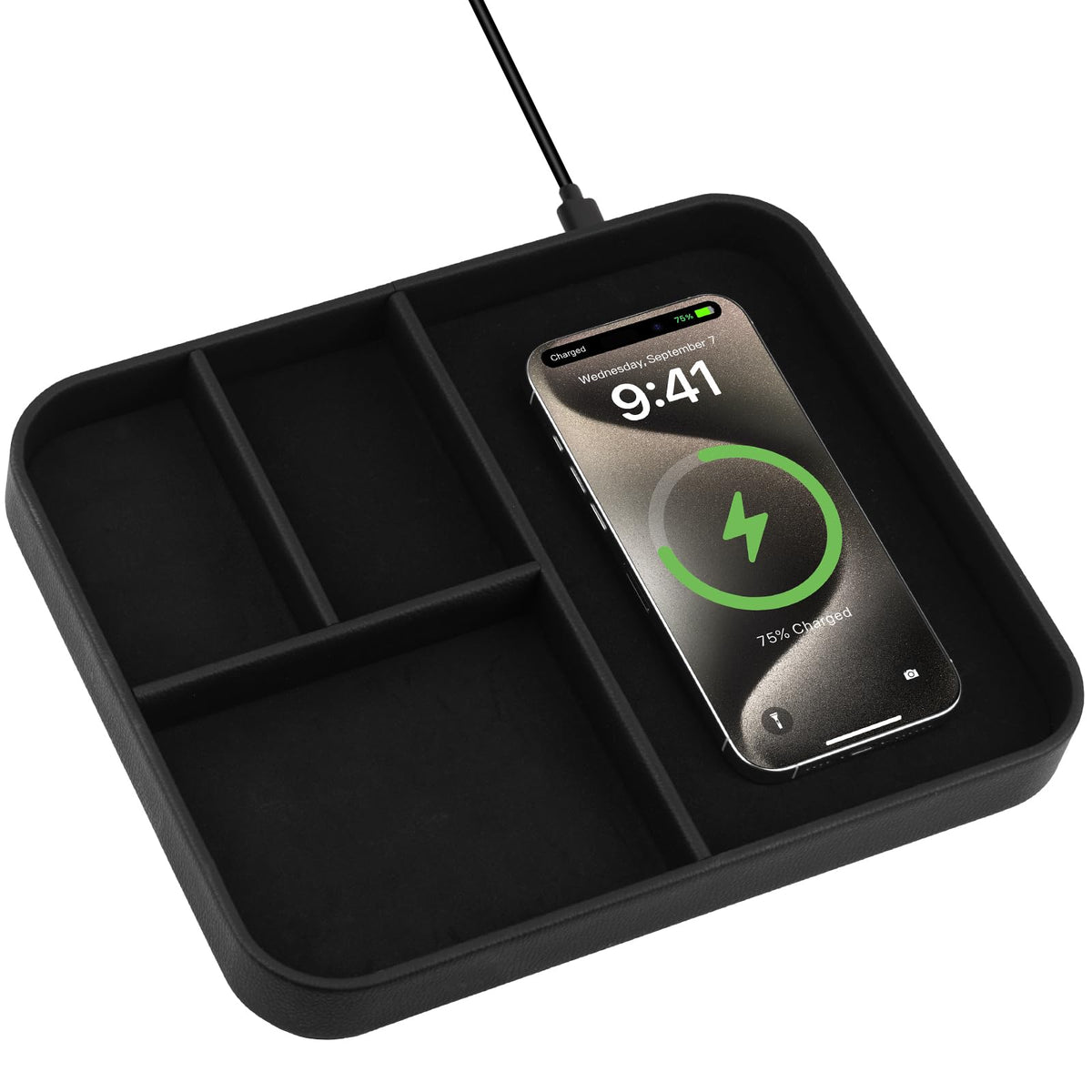 VOVIPO Birthday Gifts Bedside Organiser-Faux Leather Valet Tray With Wireless Charger For Phone And Earbuds,Nightstand Organizer,Mens Jewelry Box,Office Desk Organizers