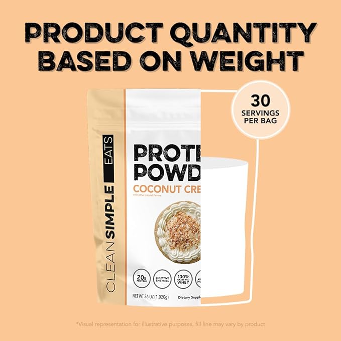 Clean Simple Eats Whey Protein Powder, Coconut Cream Flavor Naturally Sweetened, 100% Grass Fed Protein Powder with Digestive Enzymes & No Artificial Ingredients, Gluten Free, 30 Servings