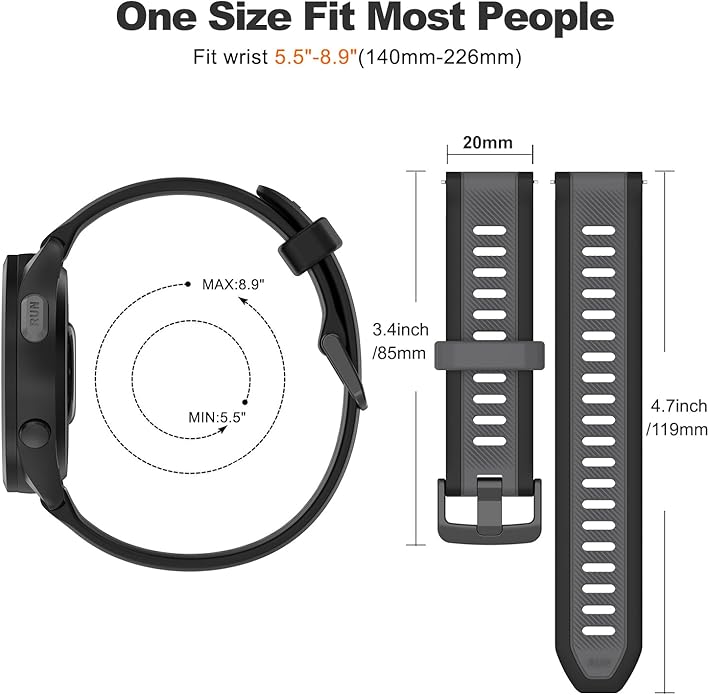 Compatible with Garmin Forerunner 165 Watch Band, 20mm Width Silicone Replacement Bands for Garmin Vivoactive 3 / Vivoactive 5 / Forerunner 55, 245, 645 Music Smartwatch