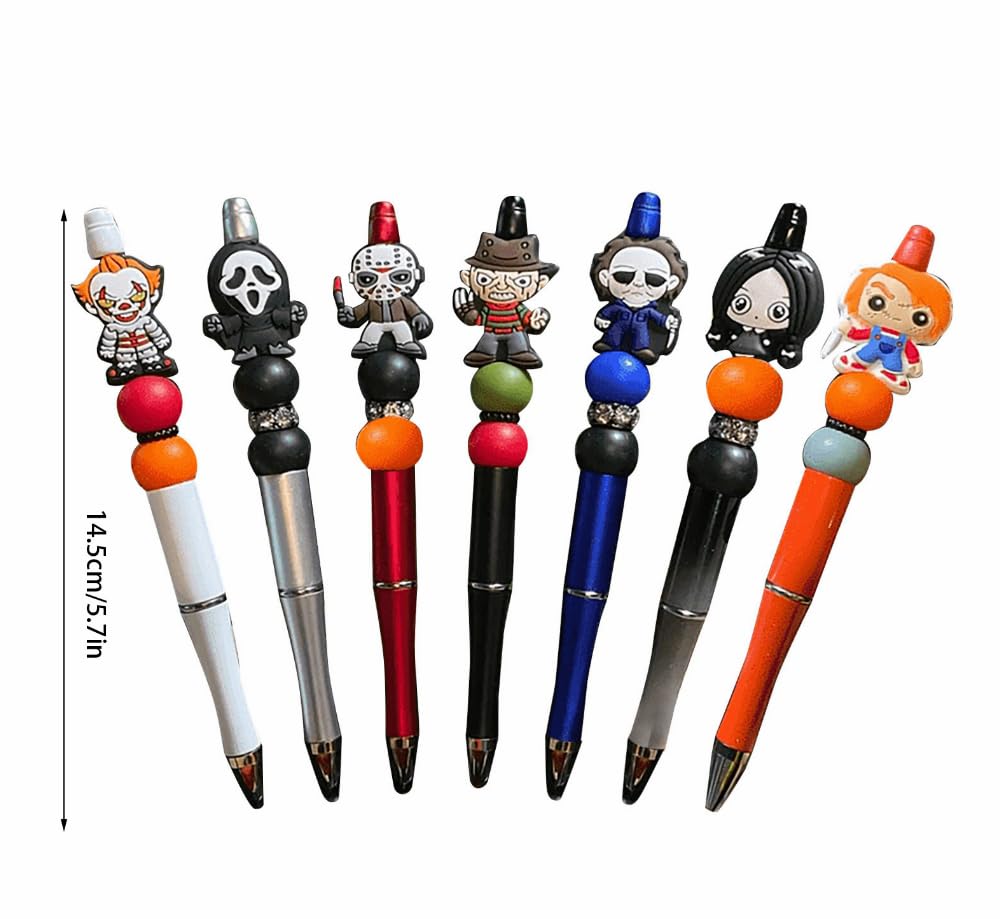 7PCS Horror Beadable Pens Horror Movie Pens Refillable Novelty Ballpoint Pen Set Halloween Spooky Pen Horror School Office Desk Accessories Gift for Adults
