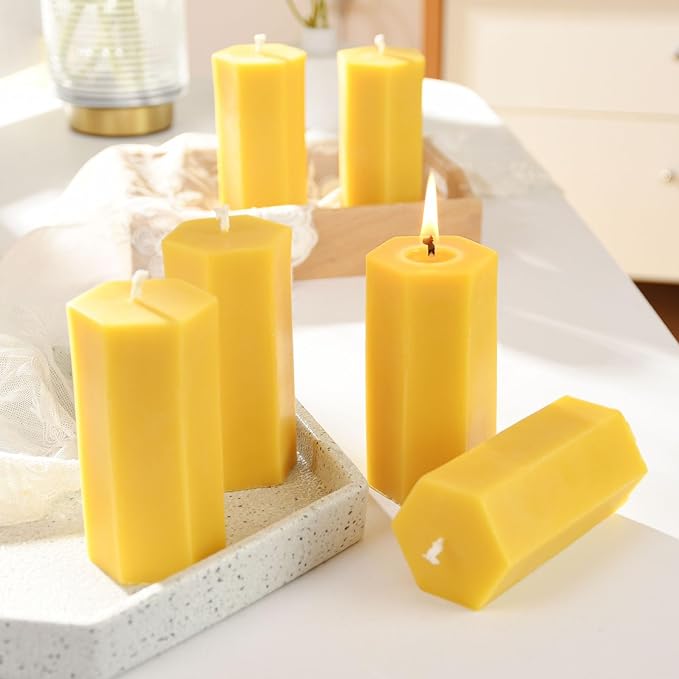 4PCS Hexagon Beeswax Pillar Candles,Large Handmade Pure Beeswax Candle,Unscented Smokelessï¼? * 4",18H, Raw