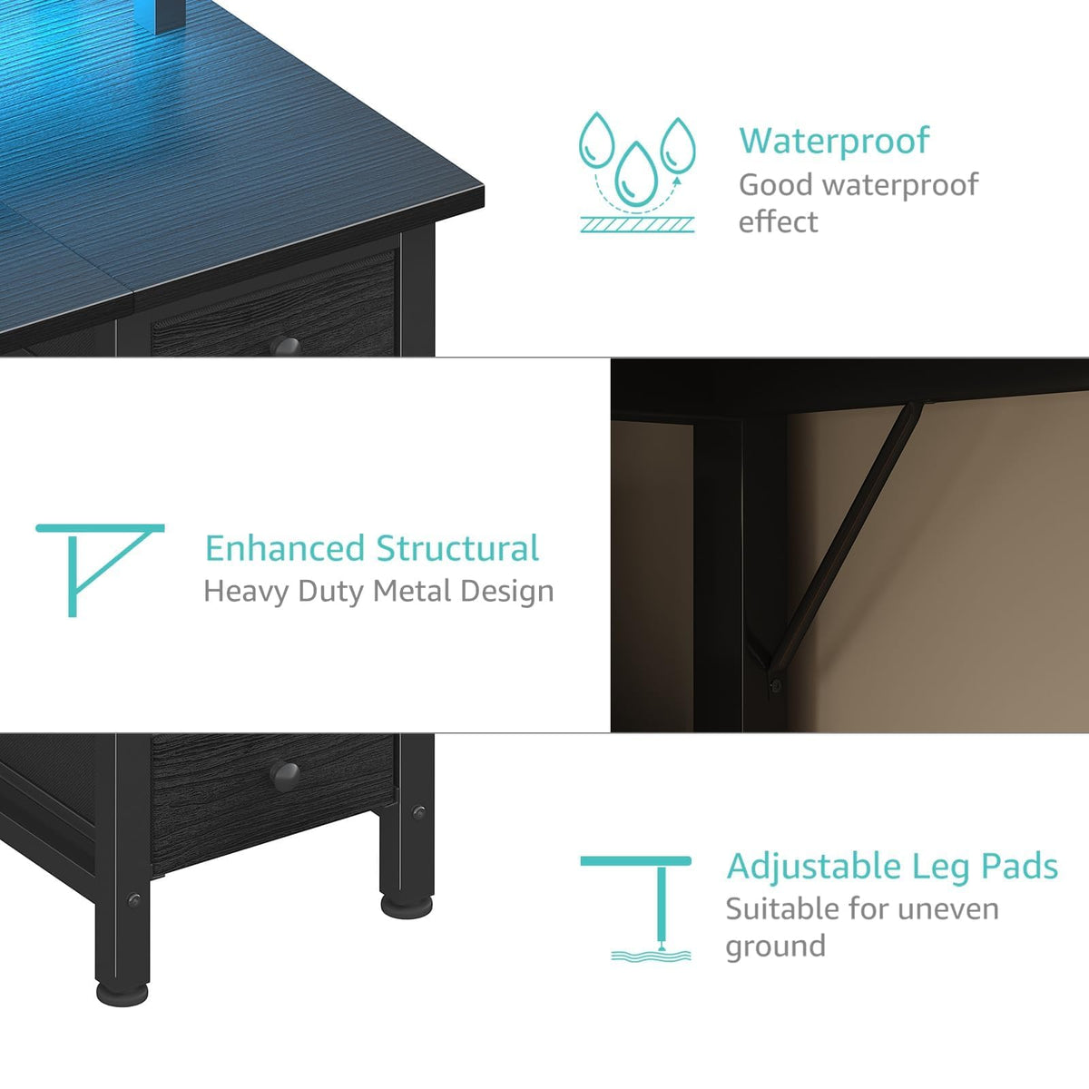 Lufeiya Black Gaming Desk with LED Lights and Power Outlets, 47 inch Computer Desk with Fabric Drawers and Storage Shelves, Home Office Desk with Monitor Stand, Black