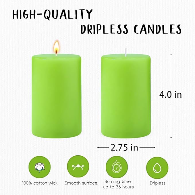 6 Packs Unscented 2.75x4 Inch Light Green Colored Pillar Candles, Non-Toxic Dripless Cylinder Wax Candles for Home Table Holiday Party Spa Decor Emergency Power Outage