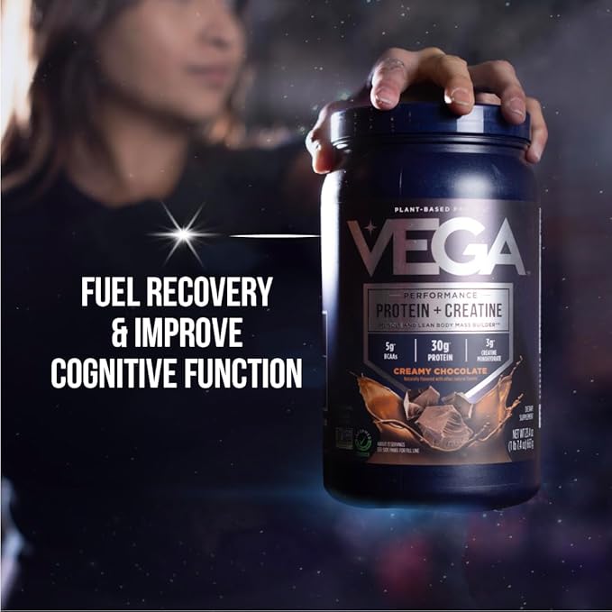 Vega Protein + Creatine - 30g Plant-Based Protein, Chocolate, 13 Servings, 3g Creatine, 5g BCAAs, Vegan, Keto, Gluten Free, Dairy Free, Low Carb, for Muscle Growth & Repair, Drink Mix, 23.4oz