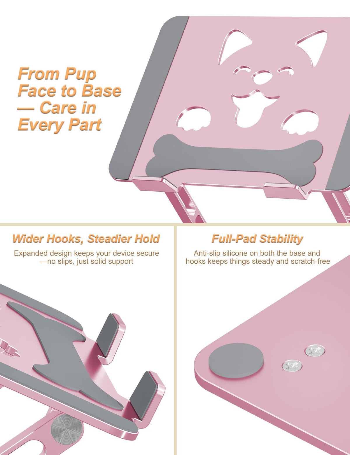 Aoviho Laptop Stand For Desk-Adjustable, Foldable, Portable, Ergonomic Aluminum Notebook Riser with Unique Puppy Cooling Vent, Desk Gift for 10"-17.3" Devices Mac, Dell, HP, Lenovo, Samsung, Rose Gold