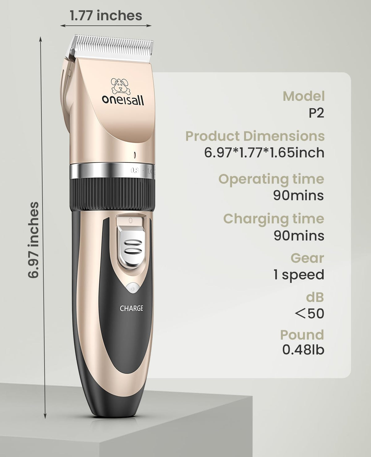 oneisall Dog Clipper Low Noise, Dog Grooming Kit with Rechargeable, Pet Shaver Cordless Electric Quiet Hair Clipper Set for Dogs Cats Pets(Gold)