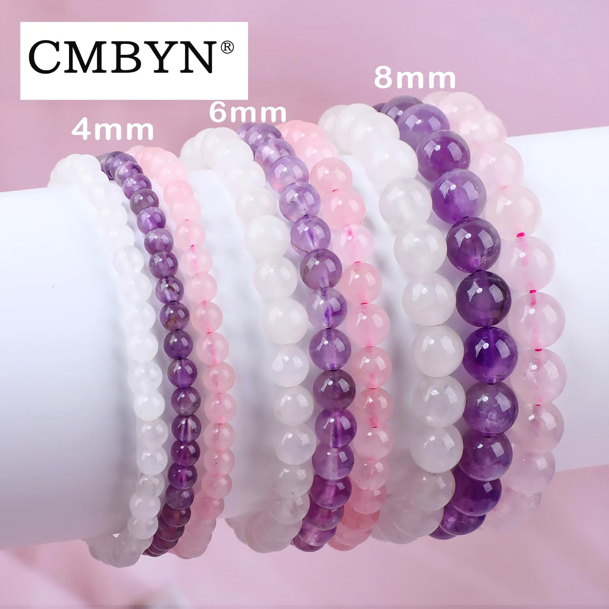 CMBYN 3-Pieces 4mm Natural Crystal Gemstone – Amethyst, Pink Quartz, White Jade Handmade Reiki Energy Healing Stretch Bracelets Jewelry for Yoga, Meditation, Unisex