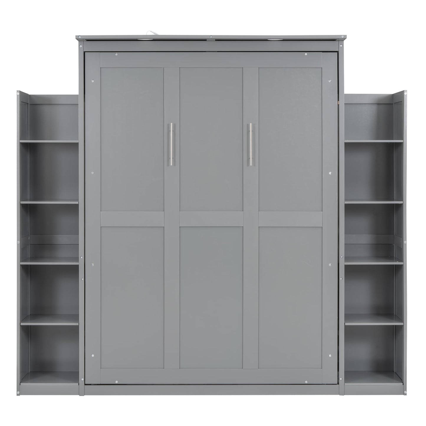 Merax Full Size Murphy Bed with 2 Five-Layer Cabinet, Modern Wall Bed with Shelves and LED Lights, Foldable Wood Platform Bed Folded into Cabinet for Guest Room, Home and Office, Grey