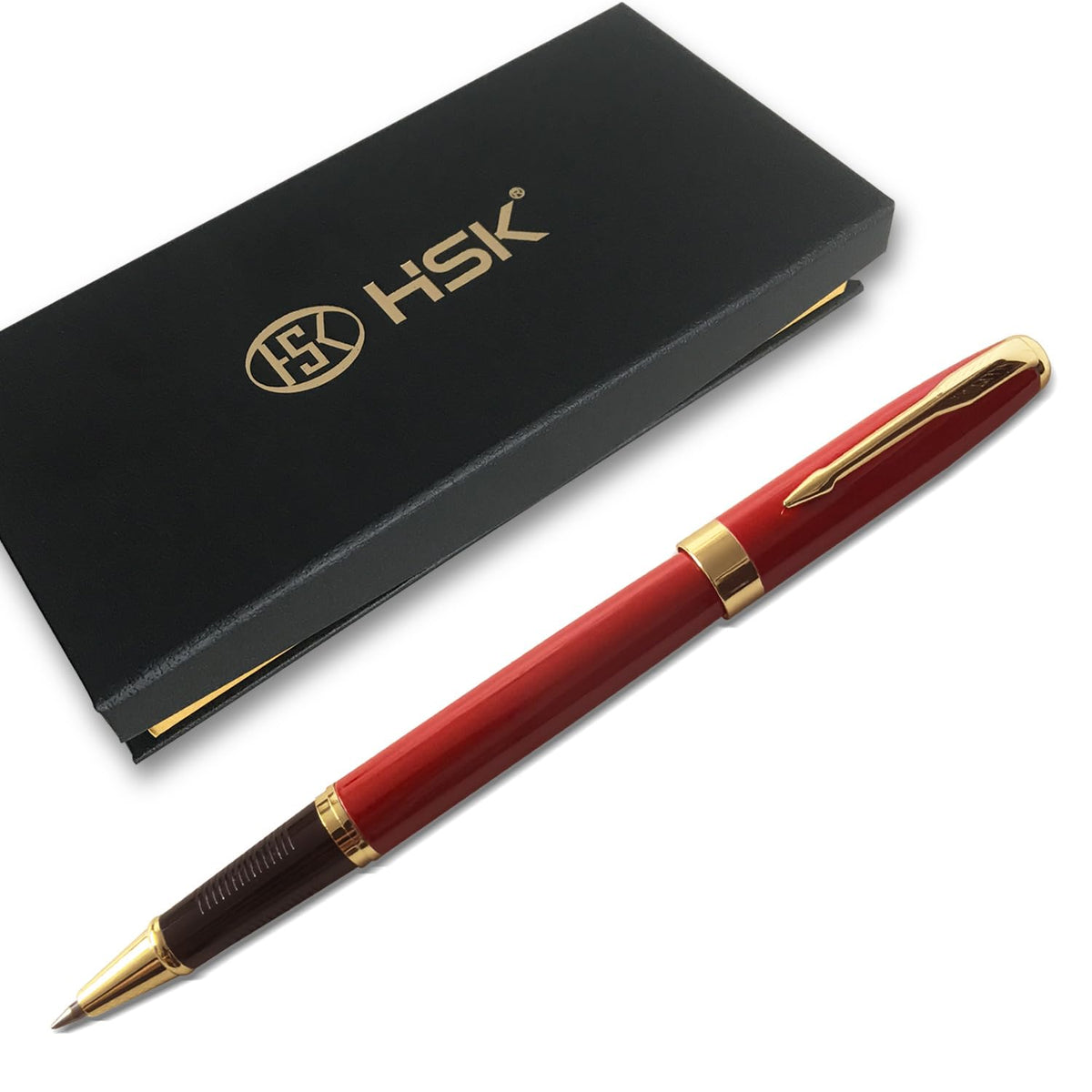 HSK Ballpoint Pens Executive Fountain Pen with Gold Trim, Gift Box Set, Available in Black, Red, Navy Blue,Black Refill Line width 0.5mm (Red)