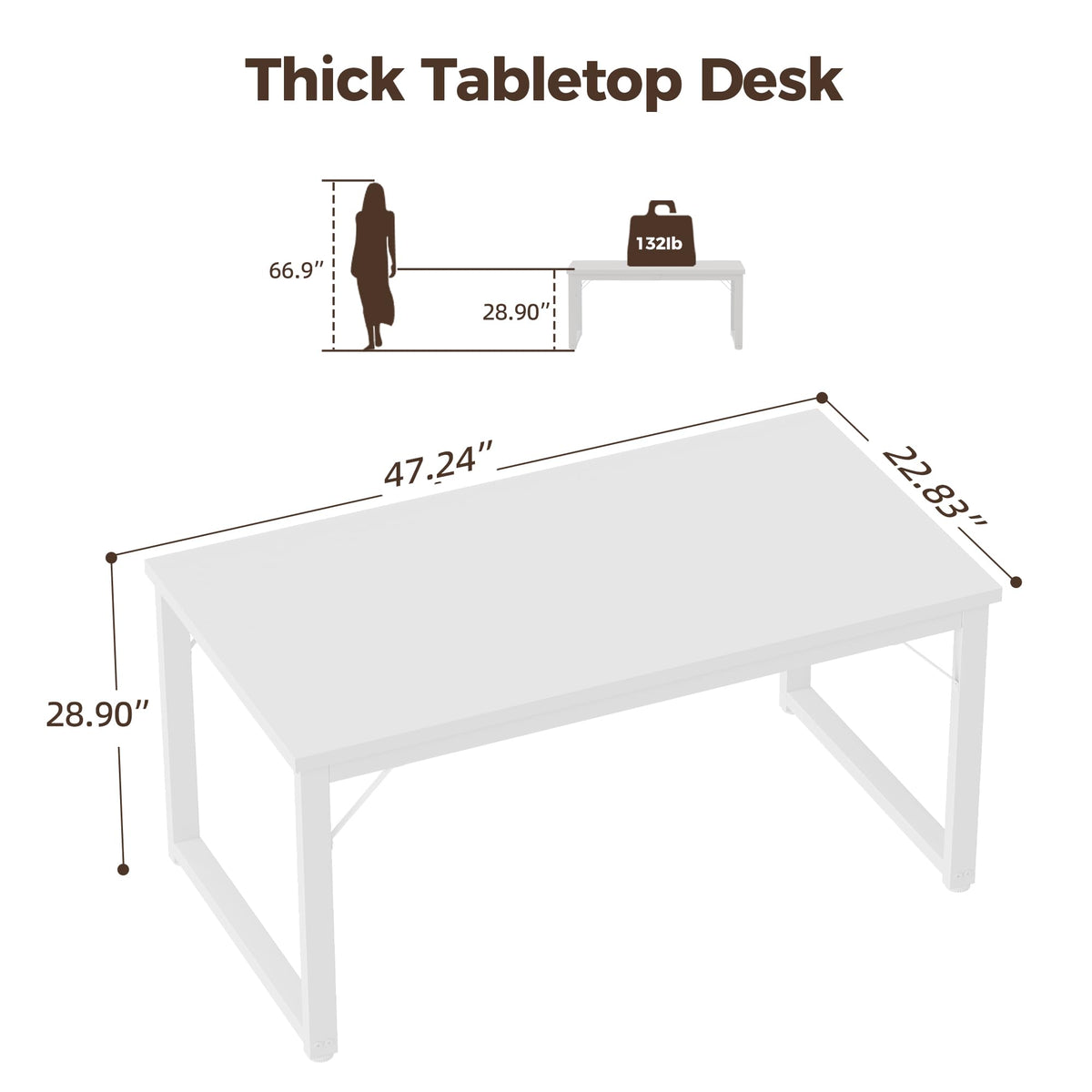 Mericonia 48 Inch Computer Desk, 1" Thick Heavy Duty Industrial Office Desk, Modern Simple Study Writing Table for Home Office Bedroom Workstation, White