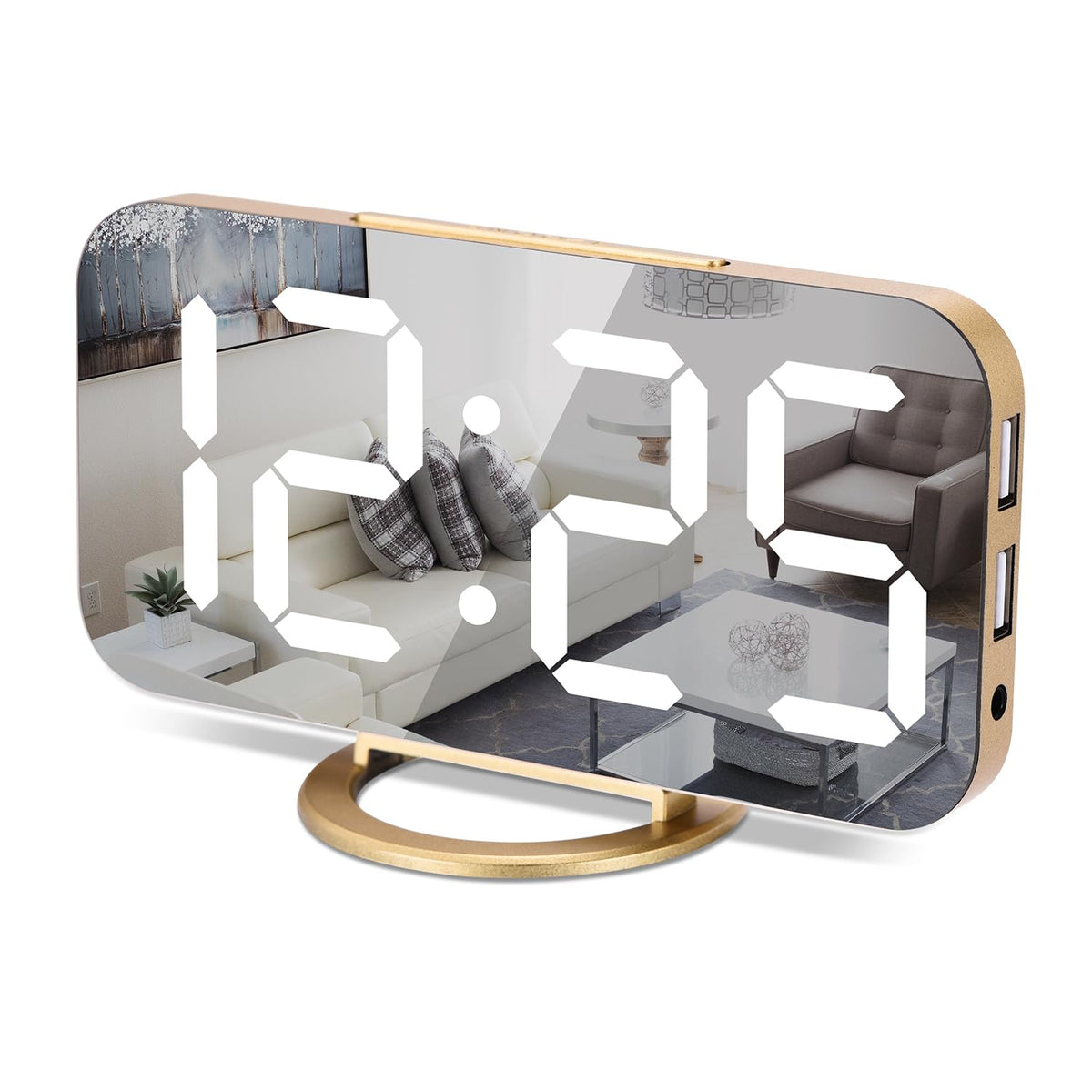 Poeroa Digital Alarm Clock,7 in LED Mirrored Clocks Large Display,with 2 USB Charger Ports,Auto Dim,Night Mode,Modern Desktop Electronic Clocks for Bedroom Home Office Decor - Gold