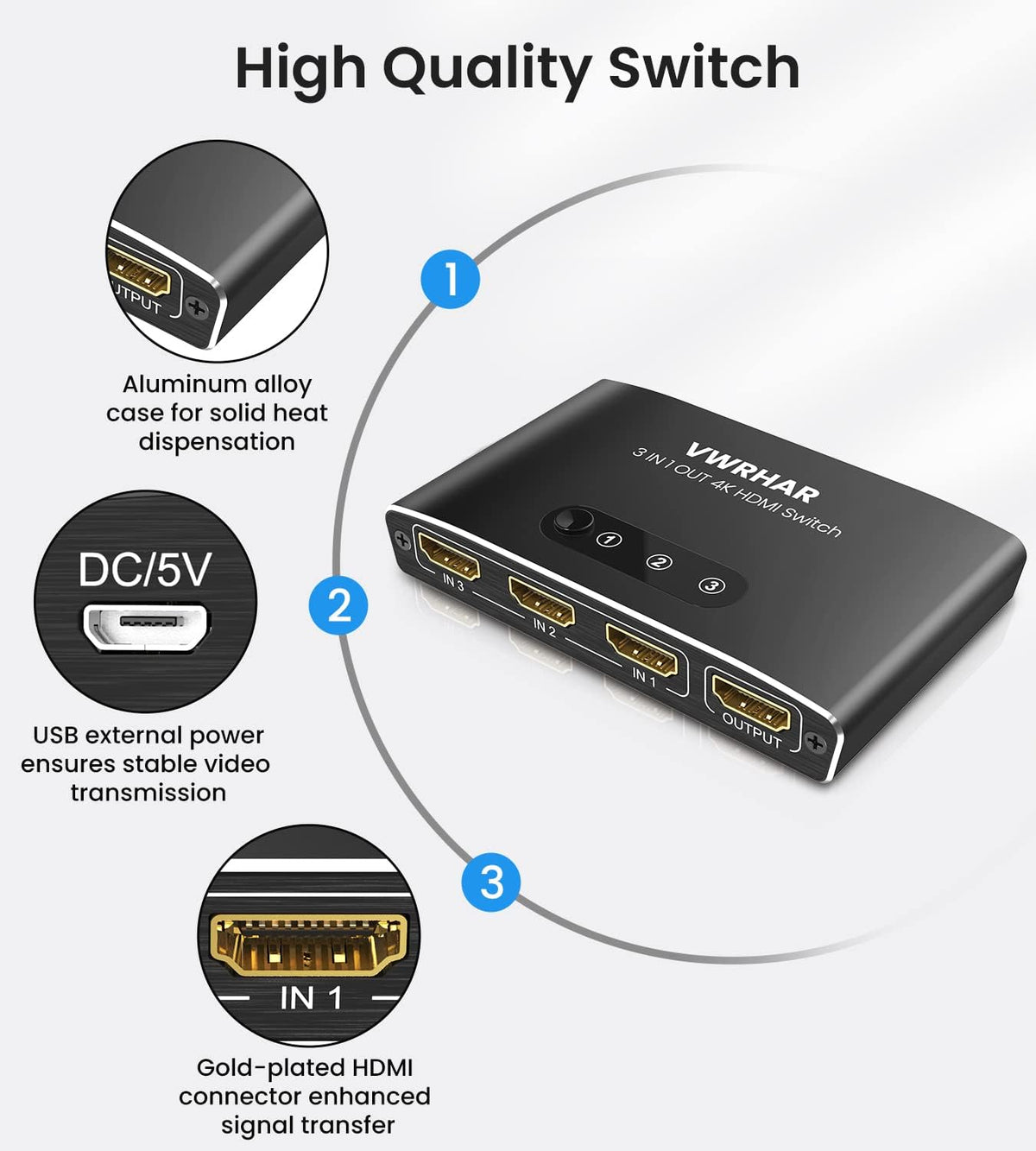 VWRHar 3 1 4K 4K 3D 1080P HDCP2.2 PS5 PS4 HDMI Switch in Out UHD HDMI Switcher Splitter, Automatic Switch with Remote