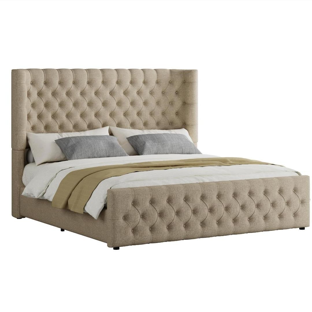 Jocisland King Size Platform Bed Frame, 6.3” Thick Upholstered Curved Wingback Headboard and Footboard with Deep Button Tufted, Easy Assembly, No Box Spring Needed, Khaki Linen