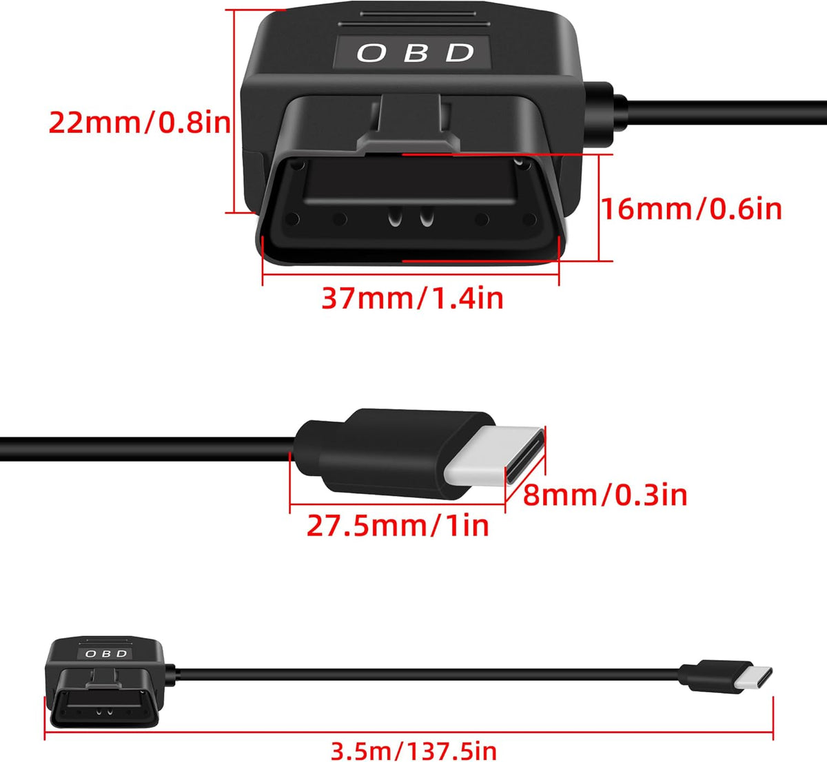 RIIEYOCA OBD2 24 (11.5FT/3.5M) Power Cable for Dash Cam,USB-C to OBD-II Hardwire Adapter with Switch Button Connector