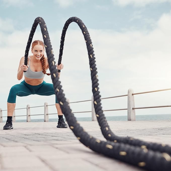 MECCANIXITY Battle Rope 50ft x 2 Inch Polyester Workout Rope Heavy Fitness Exercise Rope for Strength Training Home Gym Muscle Building, Black