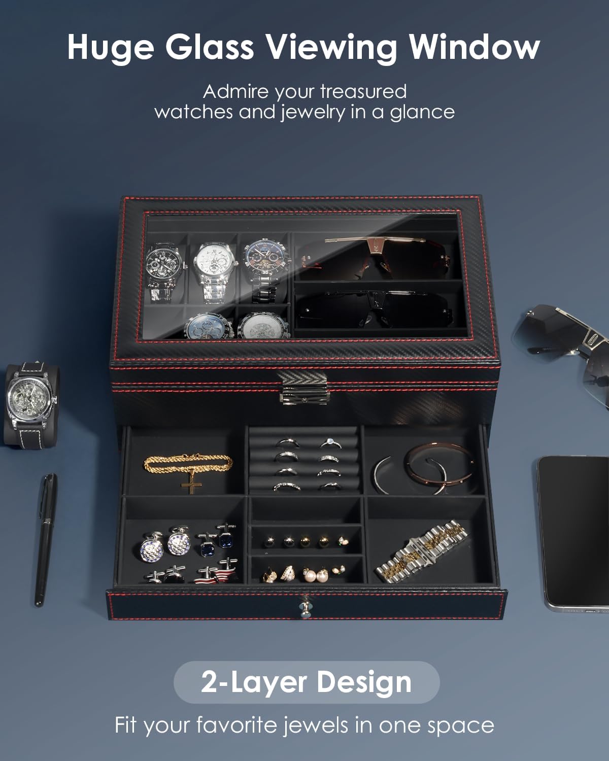 Kukikan Watch Jewelry Box Organizer, 6-Slot 2-Layer Watch Case and Sunglasses Storage with Large Glass Lid, Men's Jewelry Box with Lock, Watch Holder Display Case, Gift for Men Women