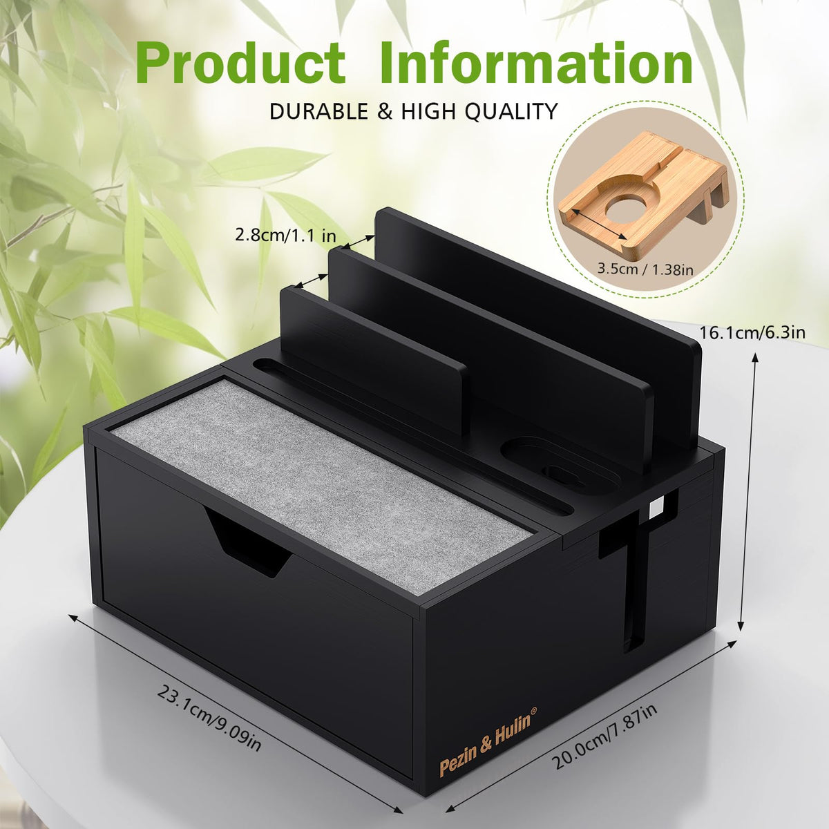 Pezin & Hulin Bamboo Charging Station for Multi Device with 5 USB Charger HUB, Phone Docking Station with Lined Tray & Drawer(Include 5 Charger Cables)-Black