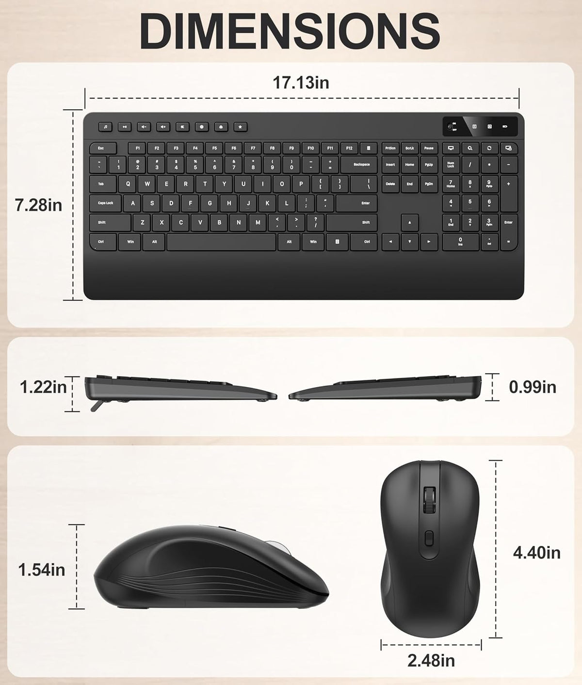 Hamile 3-Level 2.4GHz Quiet Wireless Keyboard and Mouse Combo DPI Silent Mouse, Full-Size Ergonomic Wrist Rest