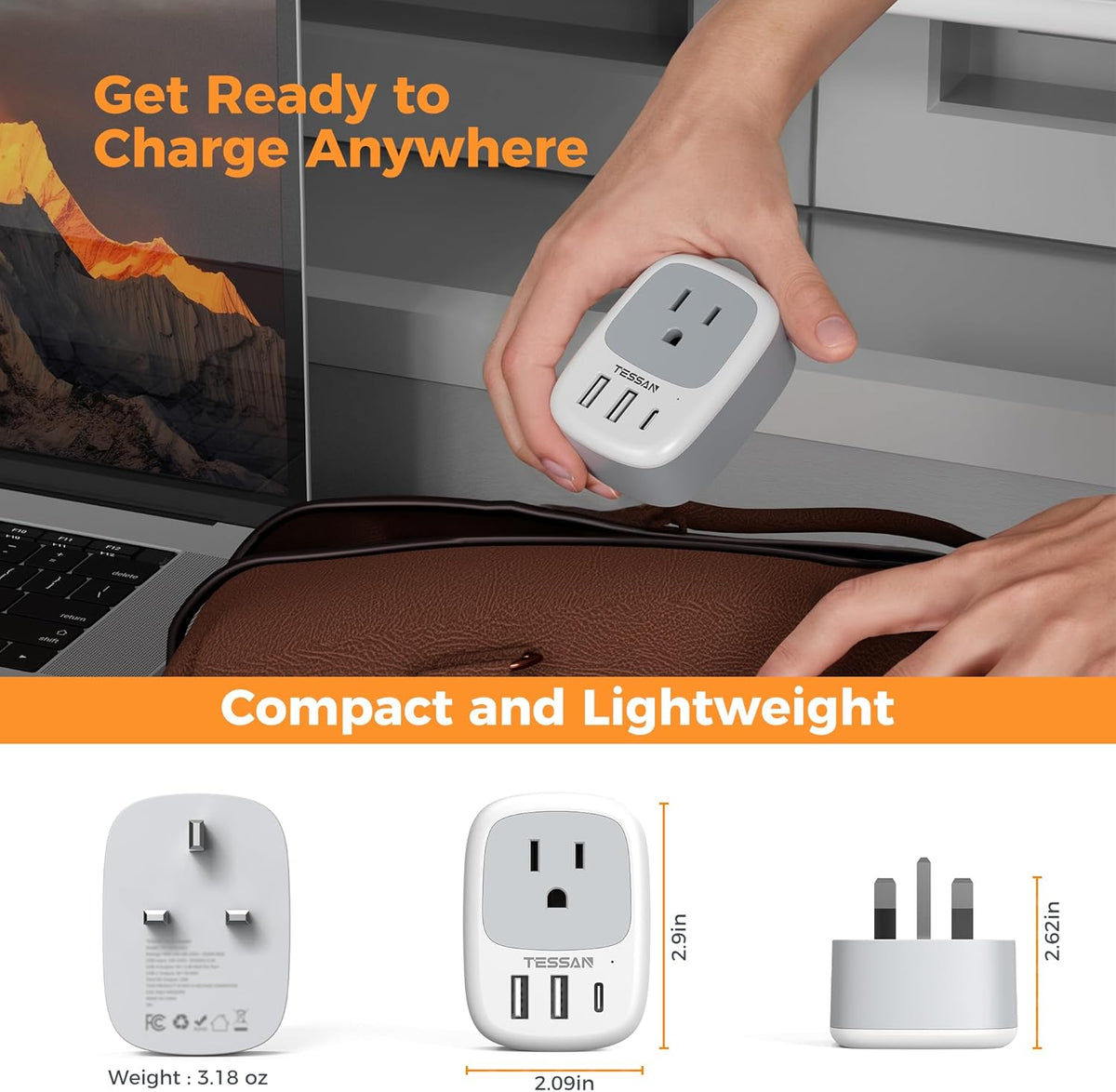 3 (1 UK Adapters for Travel, TESSAN US to UK Plug Adapter, Ireland Outlet Plug with USB Charger USB C Port), Type G