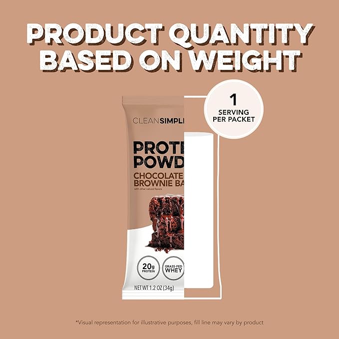 Clean Simple Eats Whey Protein Powder, Chocolate Brownie Batter Flavor, Naturally Sweetened, 100% Grass Fed Protein Powder, Digestive Enzymes & No Artificial Ingredients, Gluten Free, 10 Stick Packs