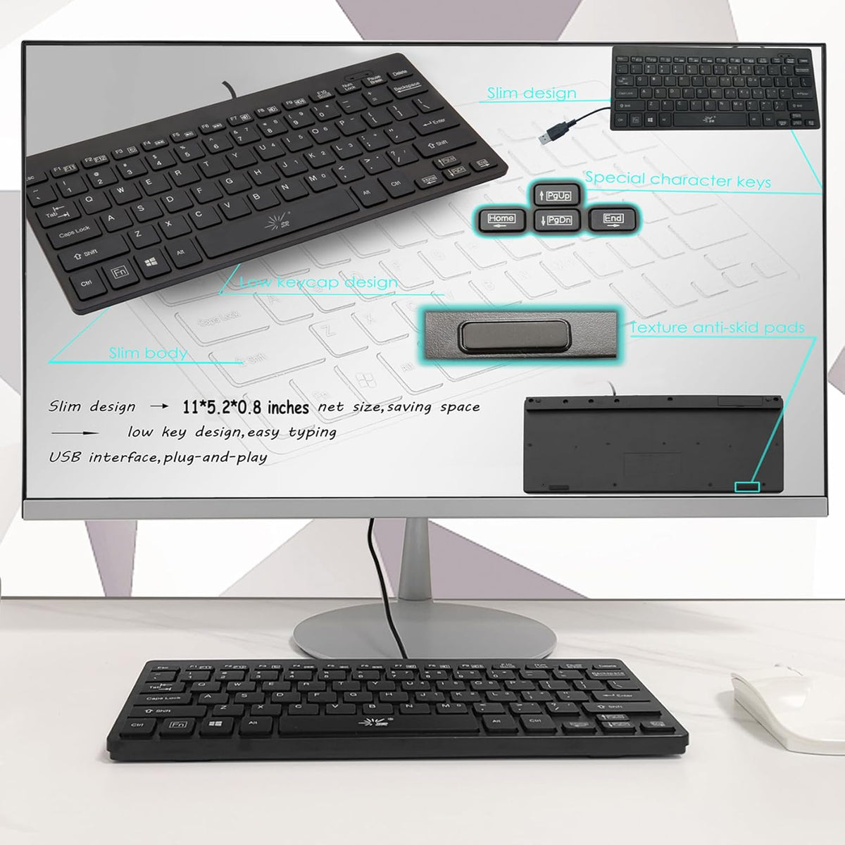 SR 78 Mini Keyboard Wired Thin Light Keys USB Multimedia Small for Pc Computer Laptop
