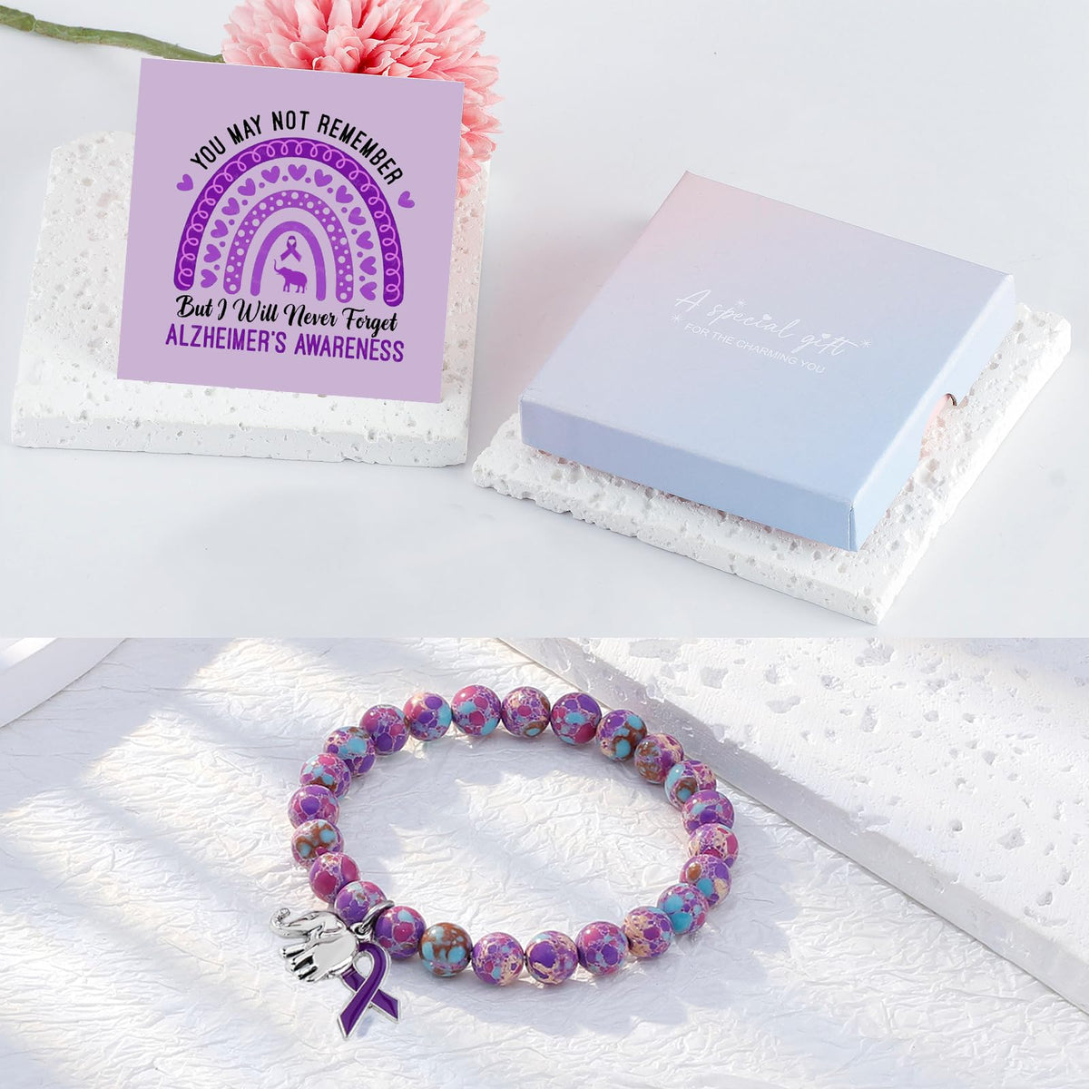 ARHTF Elephant Alzheimers Awareness Bracelet Purple Ribbon Awareness Alzheimers Bracelet Support Alzheimers Family Gifts For Dementia Support (pinkblue)