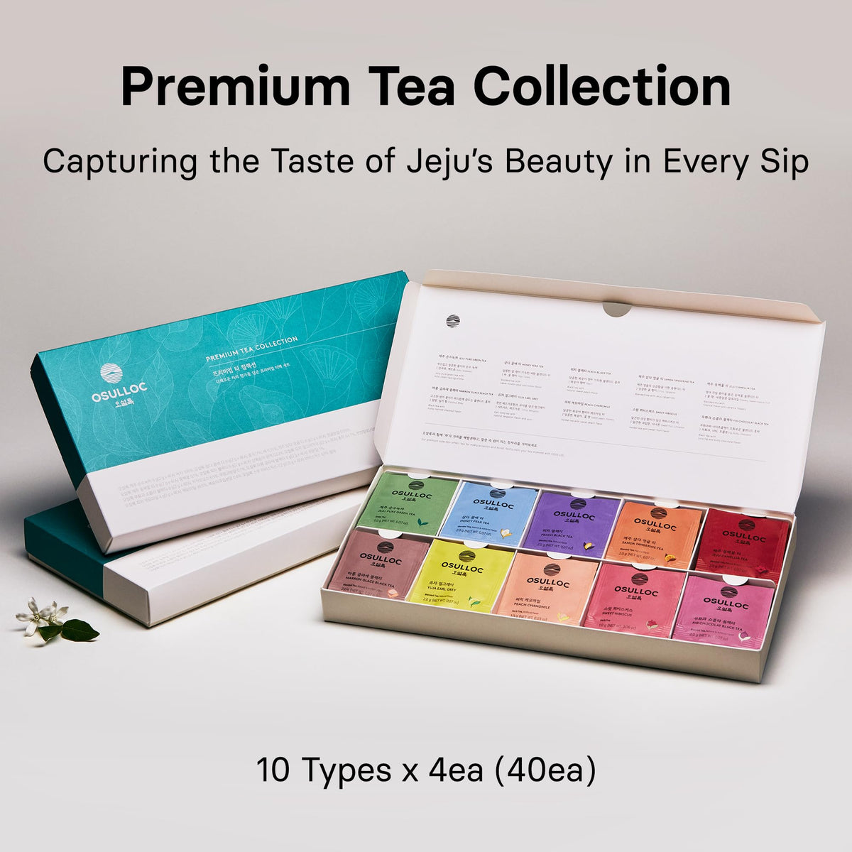 OSULLOC Premium Tea Collection (40 count, 10 flavors x 4 ea), Self Care Sampler Gift Box Variety Pack, Premium Organic Pure & Blended Tea from Jeju