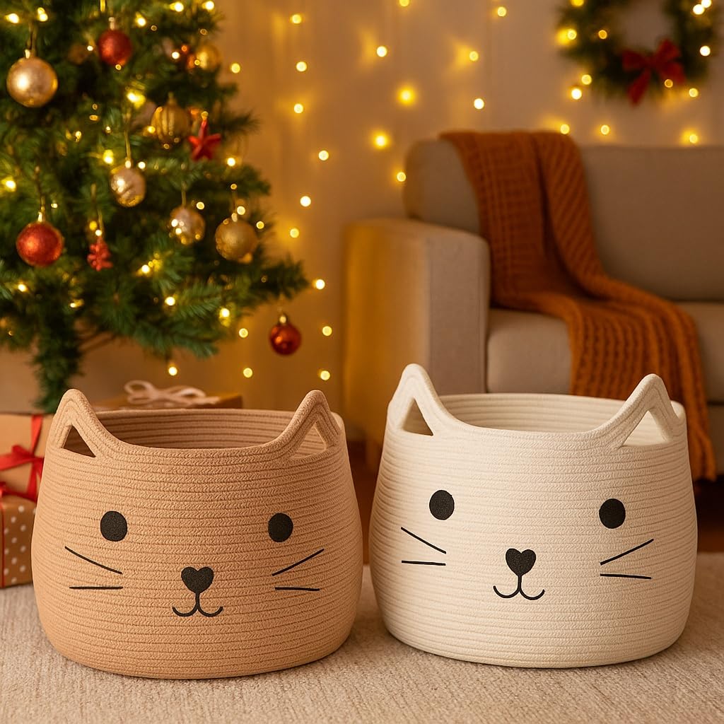 VK VK·LIVING Animal Baskets Large Woven Cotton Rope Storage with Cute Cat Design Laundry Organizer for Towels, Blanket, Toys, Clothes, Gifts – Cat Toy Box Pet or Baby Gift Baskets 15"Lx14H"