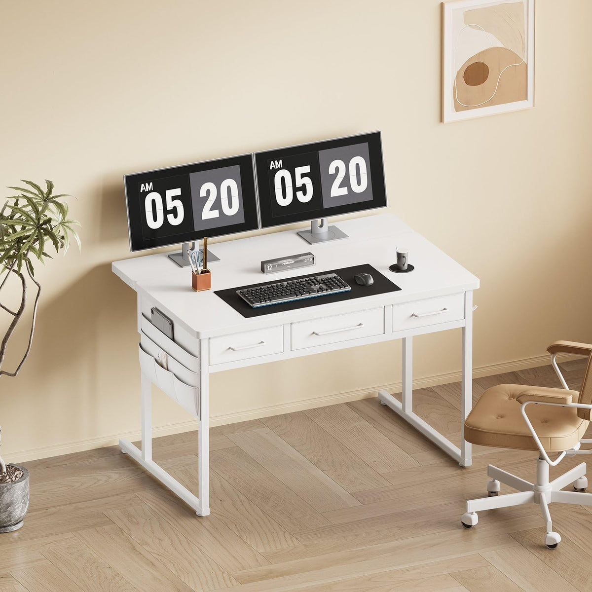 Maihail Small Desk with Drawers, 39.4X15.8-22.9 Inches Office Computer Desk with Side Pocket & Ergonomic Monitor Stand, Writing Table for Small Spaces, Bedroom, White
