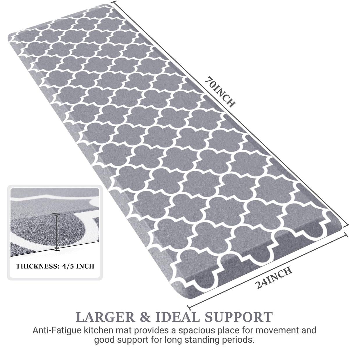 WISELIFE Anti Fatigue Floor Mat - 4/5 Inch Thick Kitchen Mat Non Slip Waterproof Heavy Duty Ergonomic Comfort Mat Durable for Home, Office, Sink, Laundry,(24" x 70", Grey)