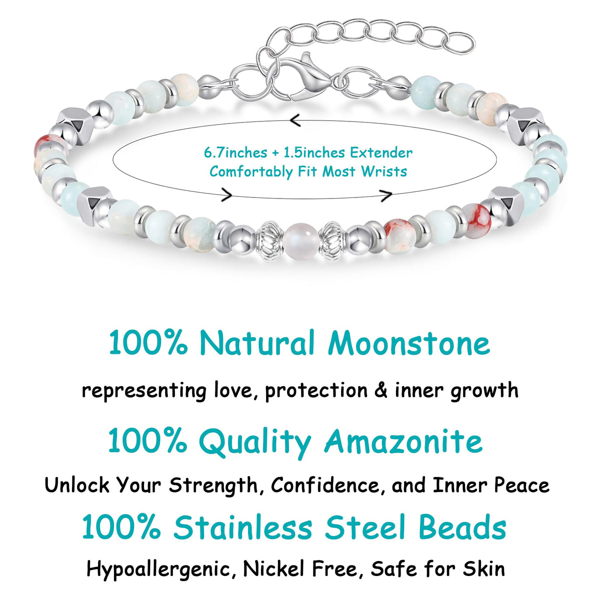 MFTRADING Moonstone Beaded Bracelet for Women - Adjustable Silver Boho Healing Crystal Jewelry Graduation Gift for Sister, Daughter, Niece, Mom