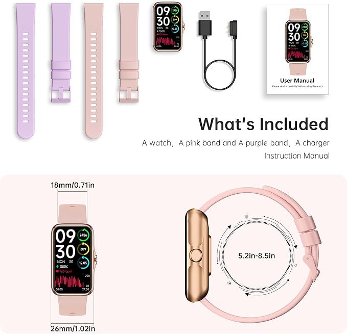 Health Fitness Tracker, Smart Watch with 24/7 Heart Rate and Blood Oxygen Monitor, Sleep Tracker with IP68 Waterproof, Activity Tracker Pedometer Step Counter for Women Men (Pink)