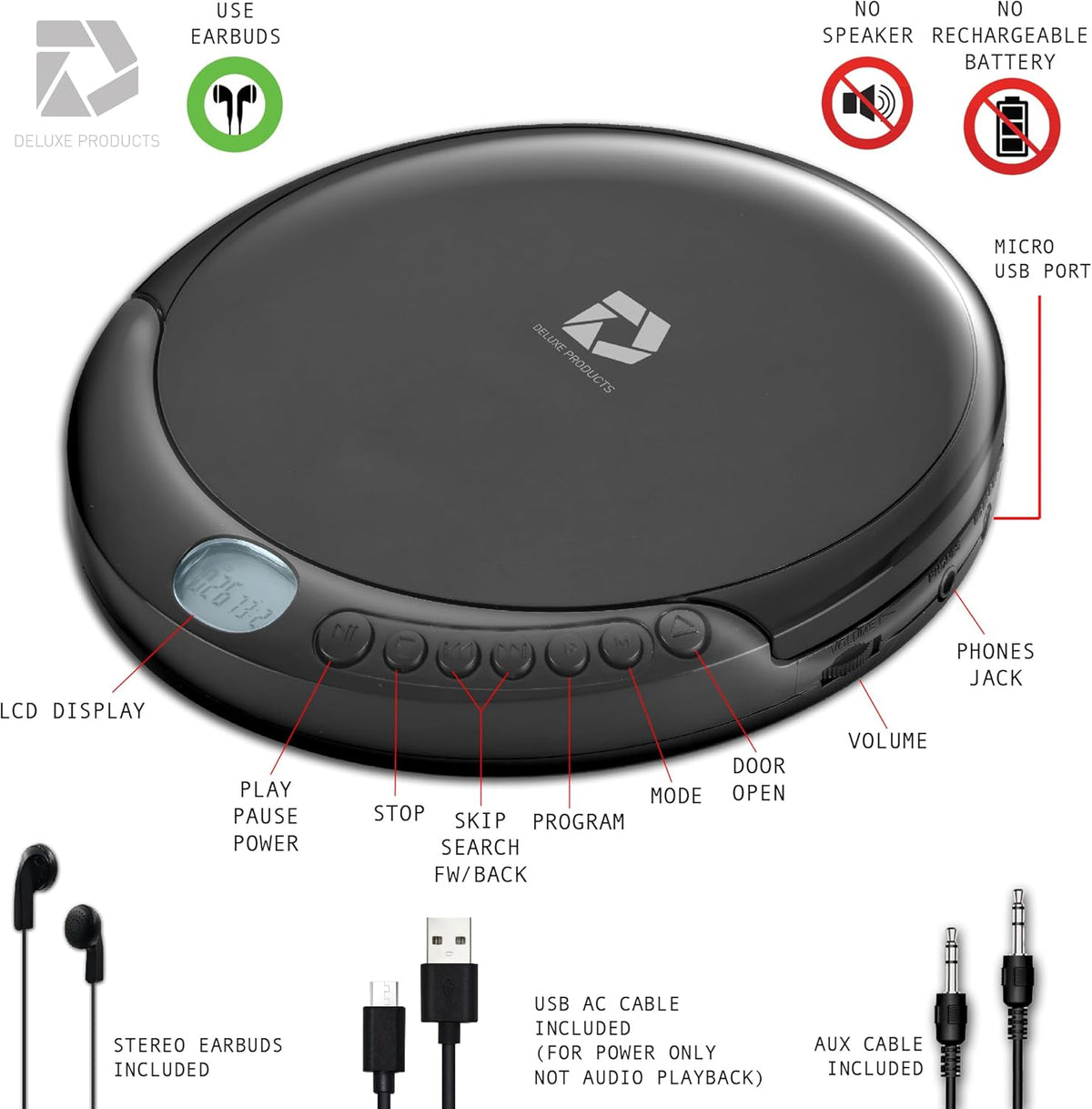 Deluxe Products 60 CD Player Portable with Second Anti Skip, Stereo Earbuds, Includes Aux in Cable and AC USB Power