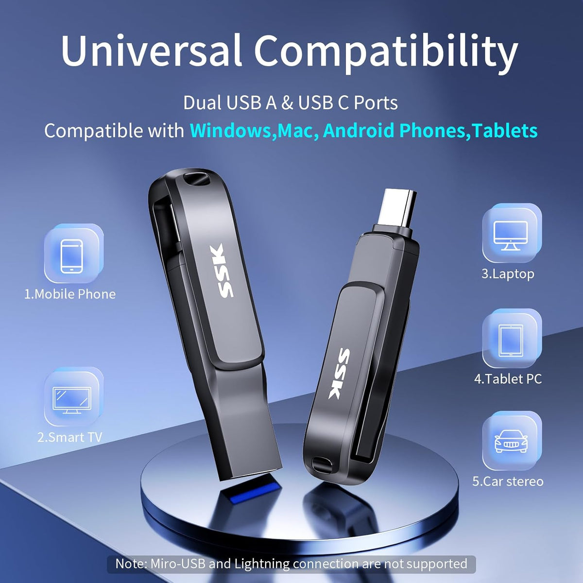 SSK 128GB,Up 200 USB3.2 USB C Flash Drive to MB/S Read Speed USB-C-Thumb-Drive,Dual Flash Drives with USB-C