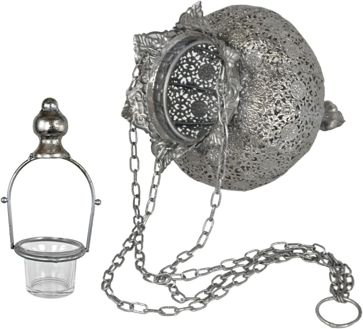 Westcharm Antique Silver Moroccan Lantern - Elegant Metal Hanging Pendant Light for Indoor/Outdoor Use - Small